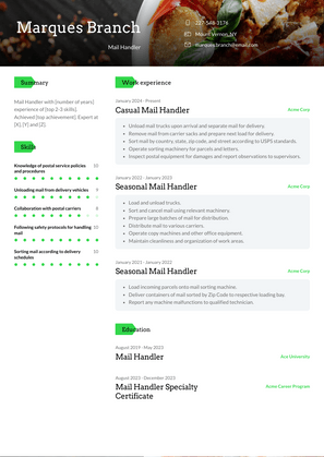 Mail Handler Resume Sample and Template