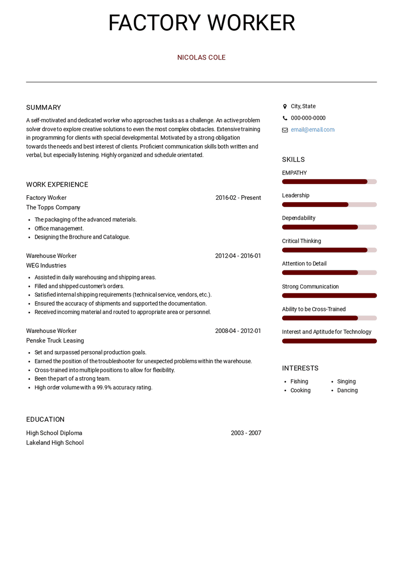 resume job description for factory worker