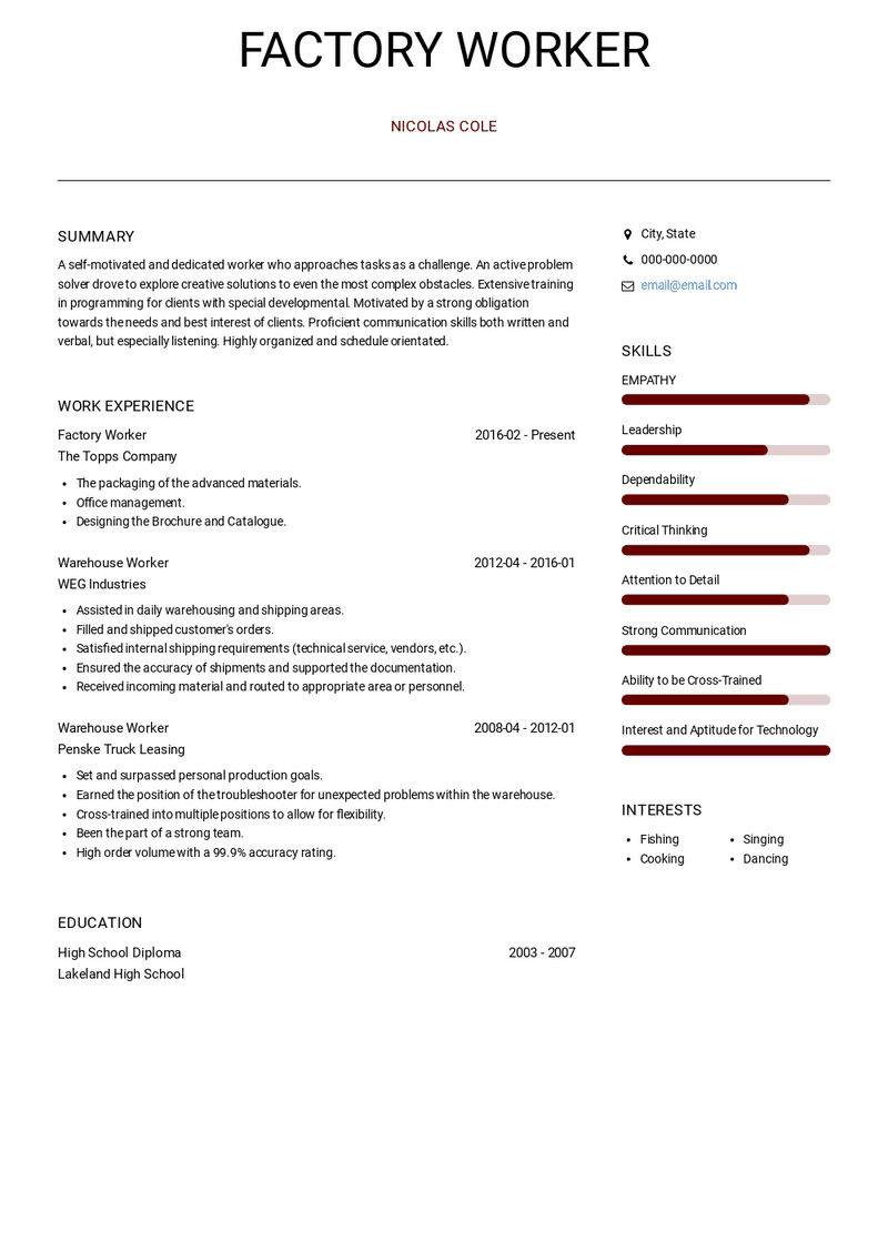 resume examples for factory jobs