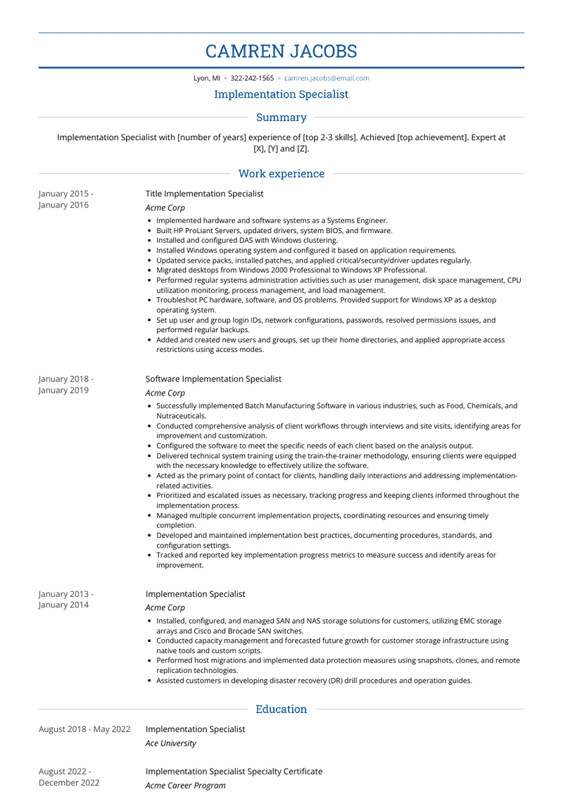 Implementation Specialist Resume Sample and Template
