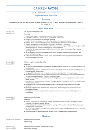 Implementation Specialist Resume Sample and Template