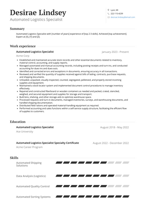 Automated Logistics Specialist Resume Sample and Template