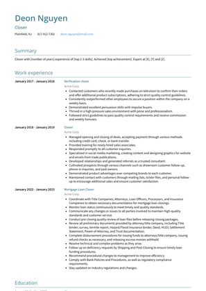 Closer Resume Sample and Template