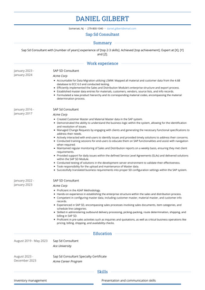 Sap Sd Consultant Resume Sample and Template