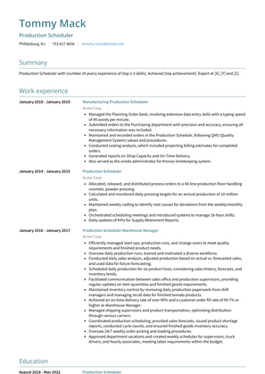 Production Scheduler Resume Sample and Template