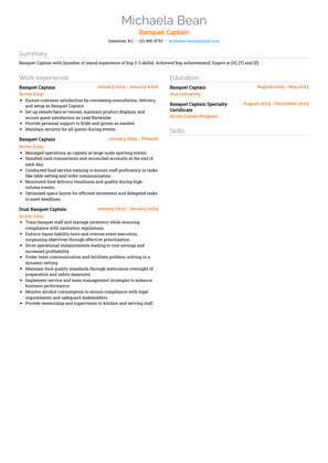 Banquet Captain Resume Sample and Template