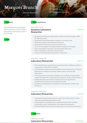 Laboratory Researcher Resume Sample and Template
