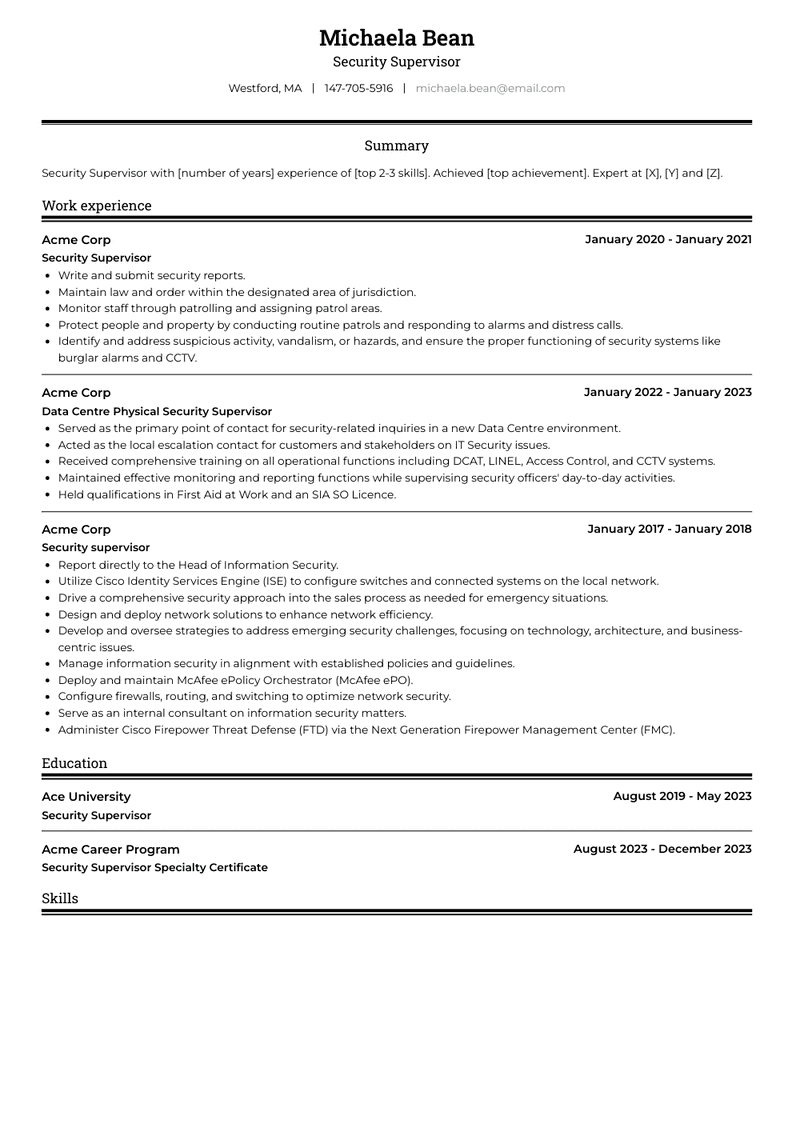 Security Supervisor Resume Sample and Template