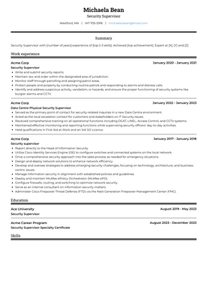 Security Supervisor Resume Sample and Template