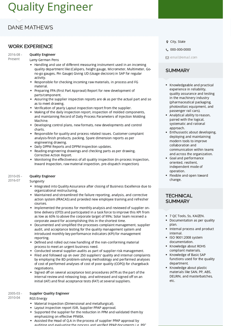 resume format for quality engineer
