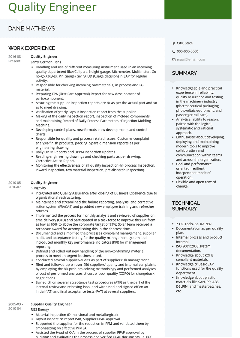 quality engineer resume sample doc