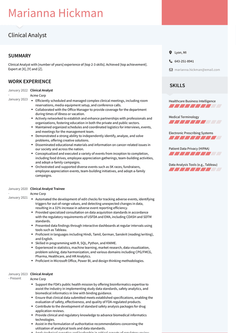 Clinical Analyst Resume Sample and Template