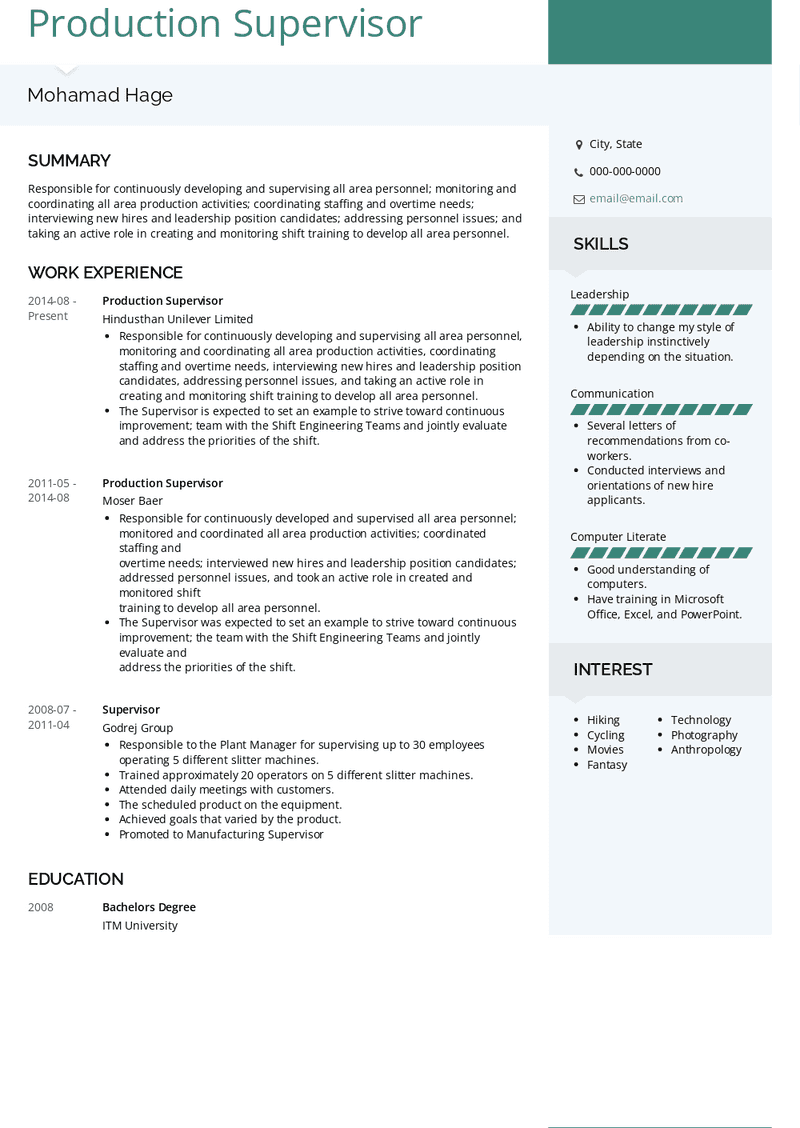 Production Supervisor Resume Sample and Template
