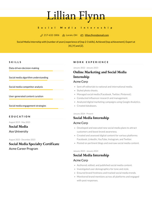 Social Media Internship Resume Sample and Template