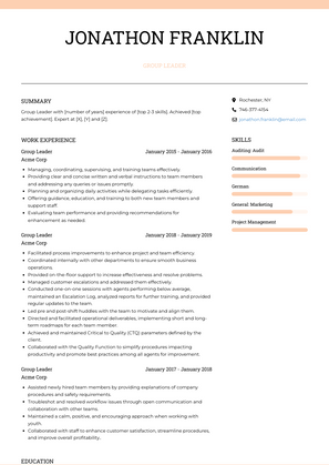 Group Leader Resume Sample and Template