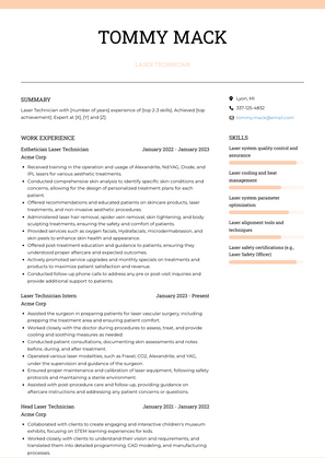 Laser Technician Resume Sample and Template