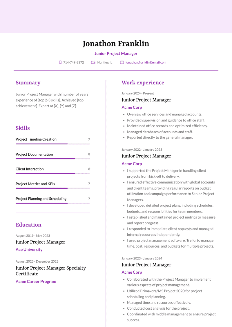 Junior Project Manager Resume Sample and Template