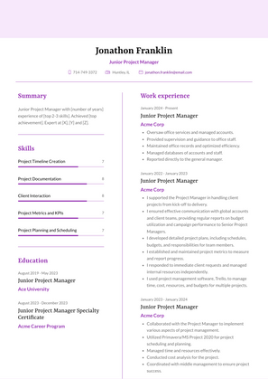 Junior Project Manager Resume Sample and Template