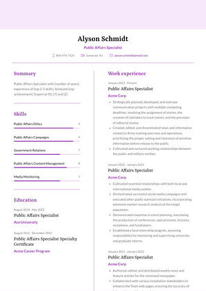 Public Affairs Specialist Resume Sample and Template