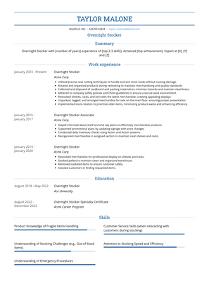 Overnight Stocker Resume Sample and Template