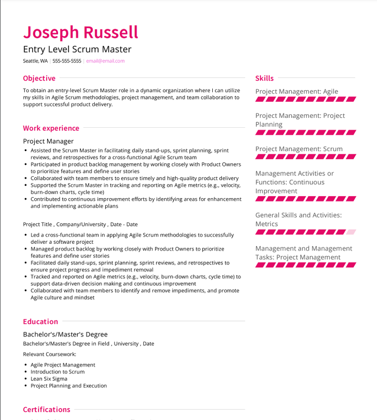 entry level scrum master resume example