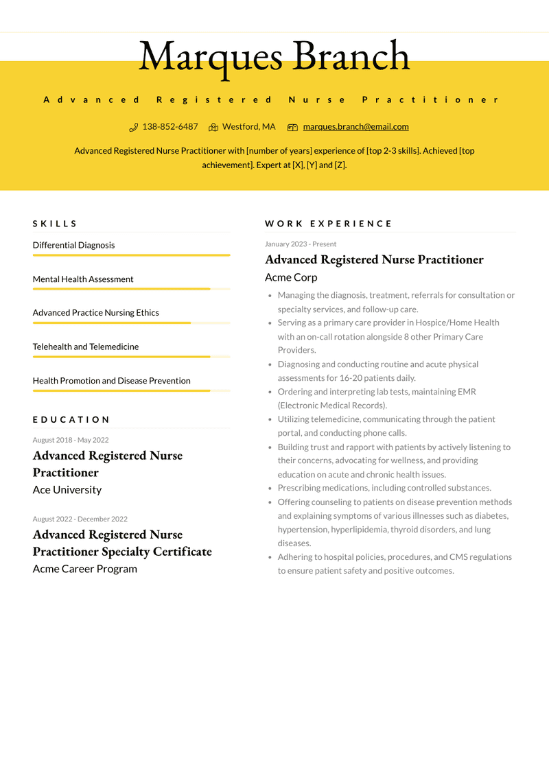 Advanced Registered Nurse Practitioner Resume Sample and Template