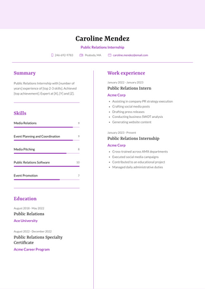 Public Relations Internship Resume Sample and Template