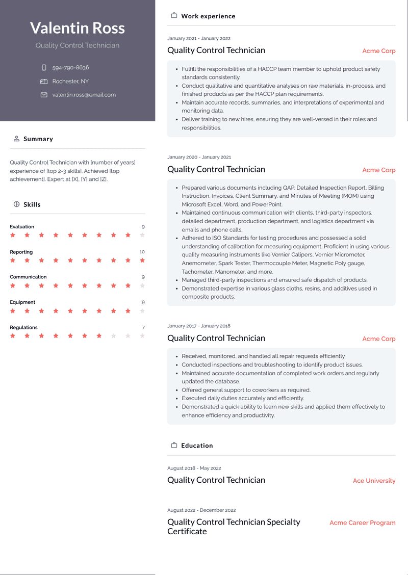 Quality Control Technician Resume Sample and Template