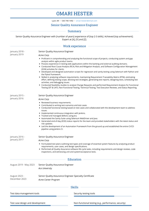 Senior Quality Assurance Engineer Resume Sample and Template