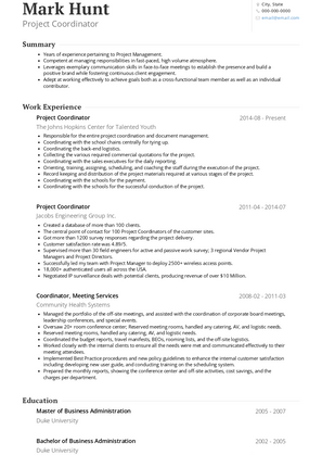 Project Coordinator Resume Sample and Template