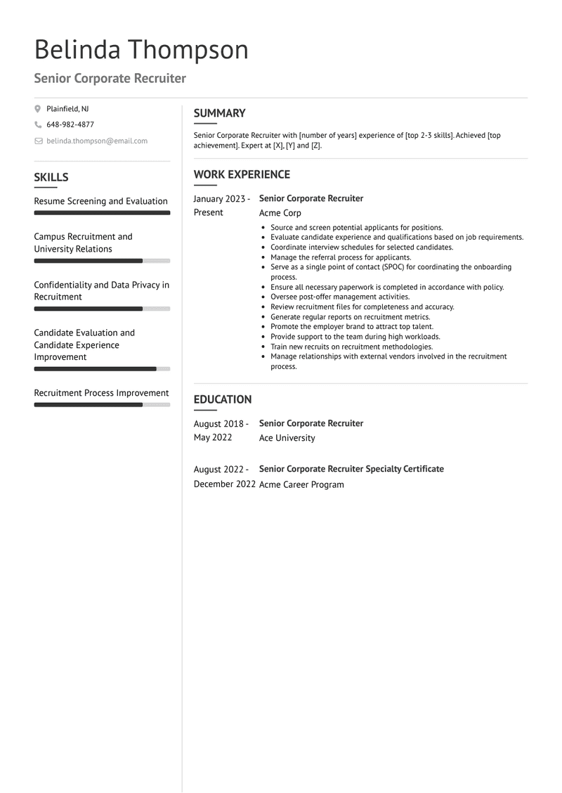 Senior Corporate Recruiter Resume Sample and Template