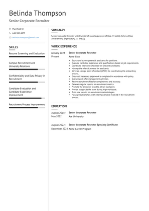 Senior Corporate Recruiter Resume Sample and Template