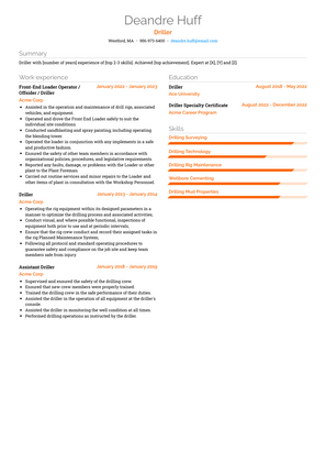 Driller Resume Sample and Template