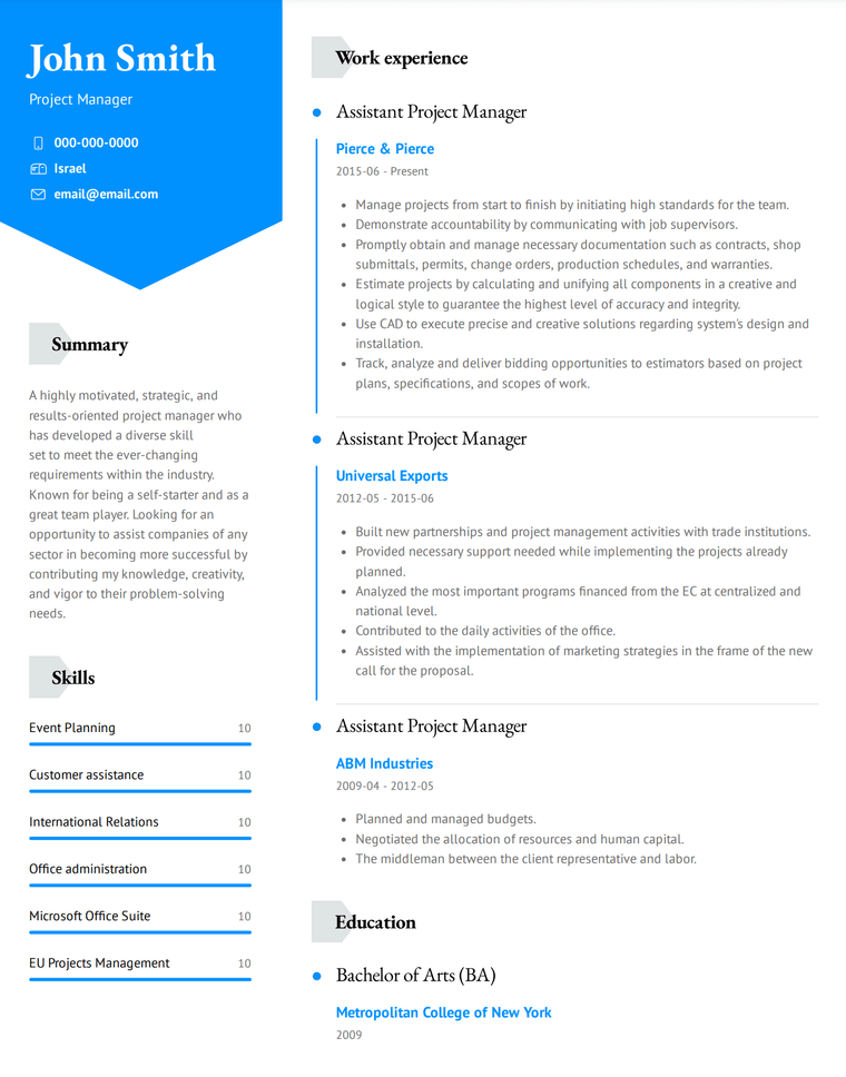 Israel resume template example