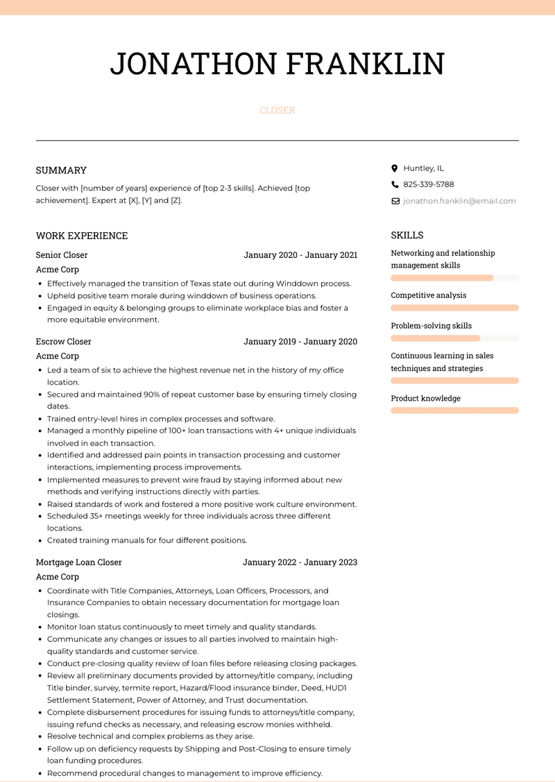 Closer Resume Sample and Template