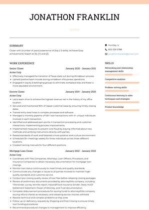 Closer Resume Sample and Template