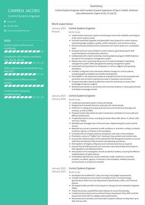 Control Systems Engineer Resume Sample and Template