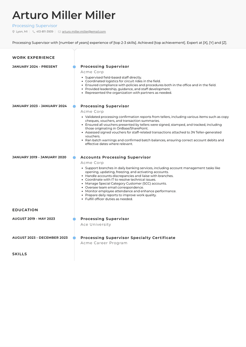 Processing Supervisor Resume Sample and Template