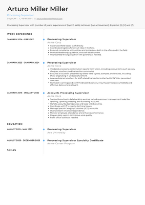 Processing Supervisor Resume Sample and Template