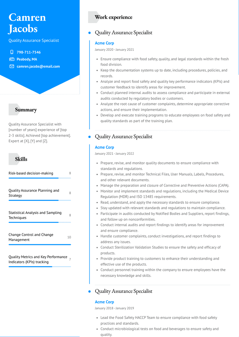 Quality Assurance Specialist Resume Sample and Template