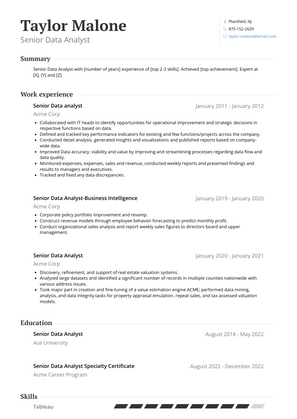 Senior Data Analyst Resume Sample and Template