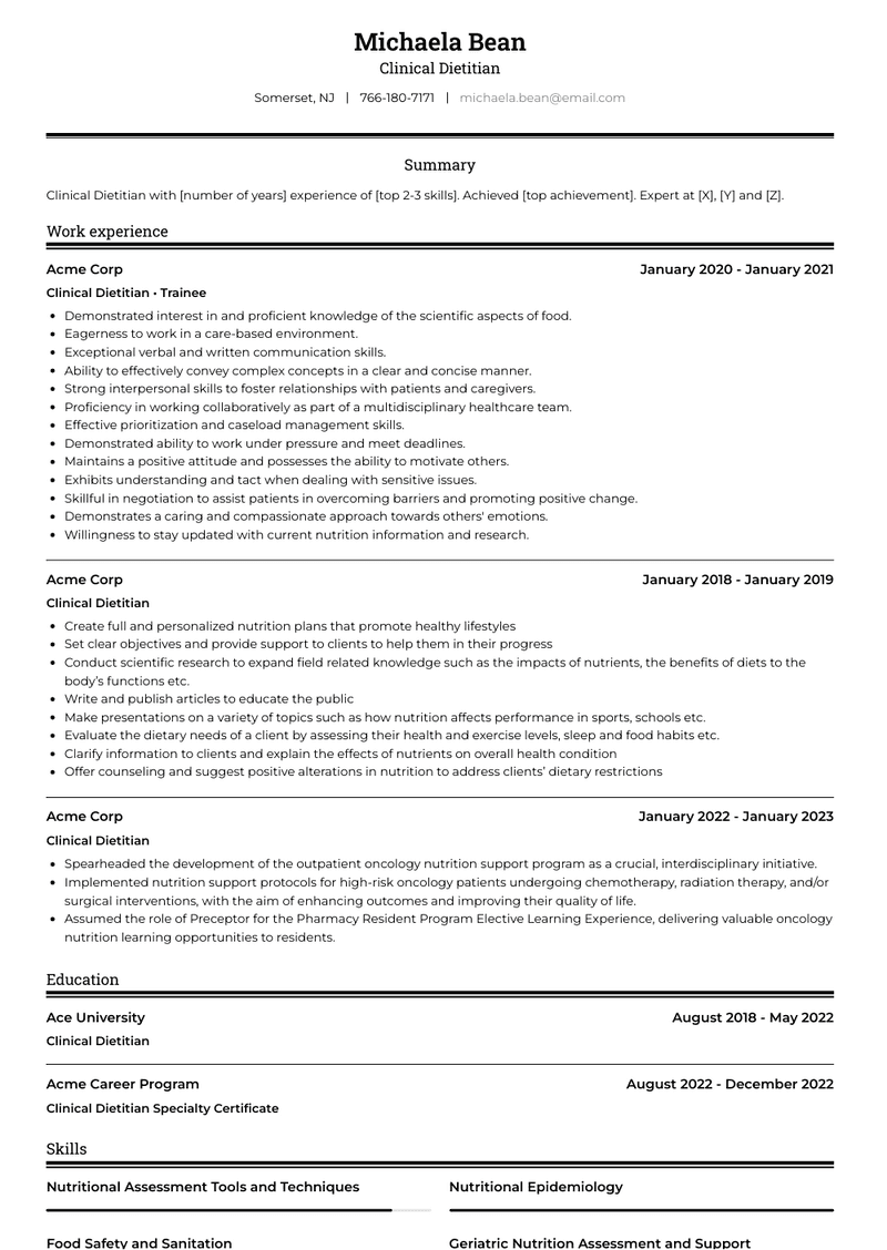 Clinical Dietitian Resume Sample and Template