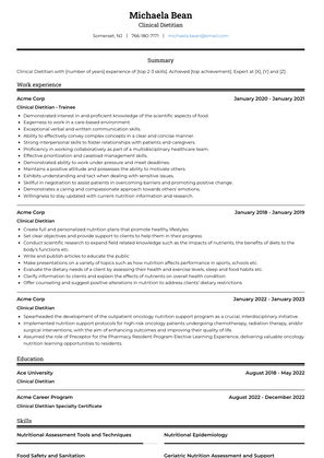 Clinical Dietitian Resume Sample and Template