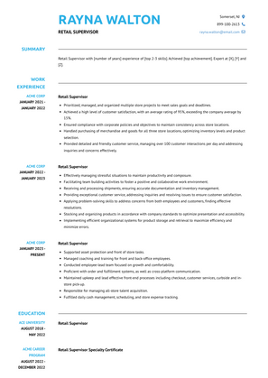Retail Supervisor Resume Sample and Template