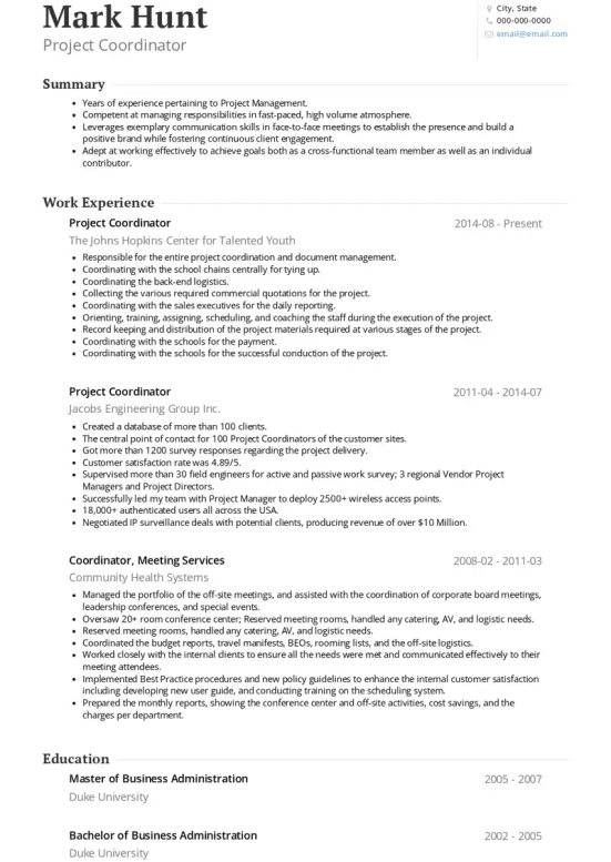 Project Coordinator Resume Objective Examples