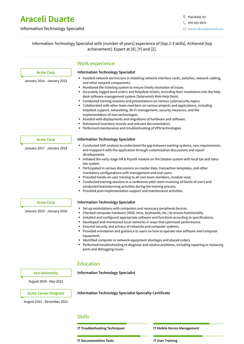 Information Technology Specialist Resume Sample and Template