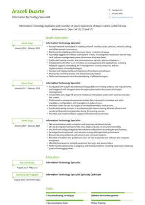 Information Technology Specialist Resume Sample and Template