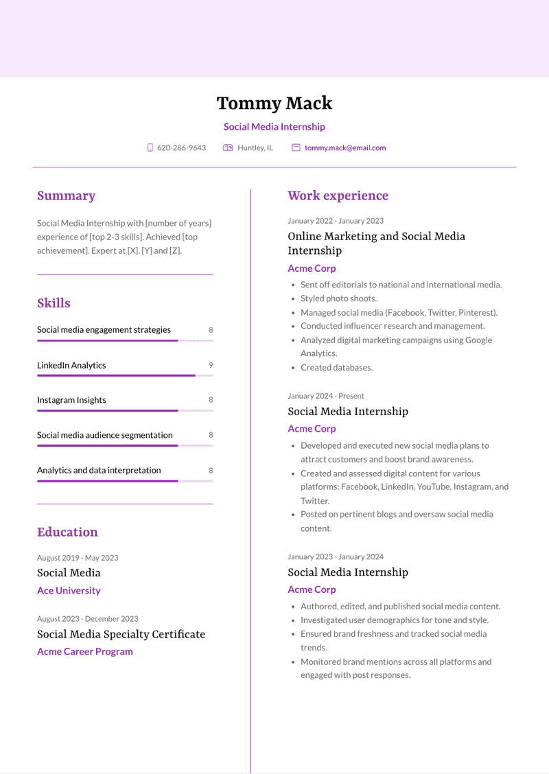 Social Media Internship Resume Sample and Template