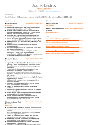 Material Coordinator Resume Sample and Template