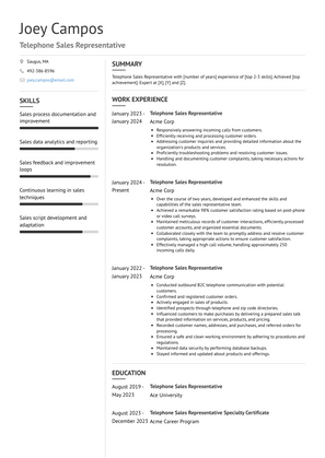 Telephone Sales Representative Resume Sample and Template